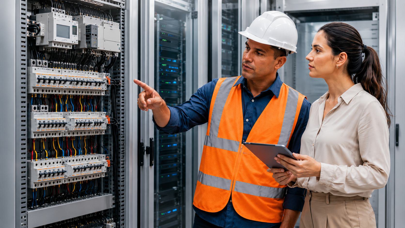 Engenheiros com capacete e colete em frente a racks de rede e servidores