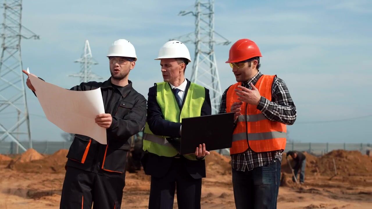 Engenheiros analisam o projeto em canteiro com torres de transmissão