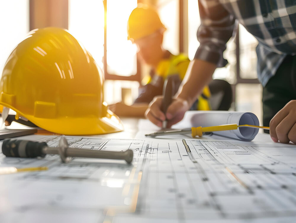 Capacete de segurança sobre projetos técnicos enquanto um engenheiro faz anotações