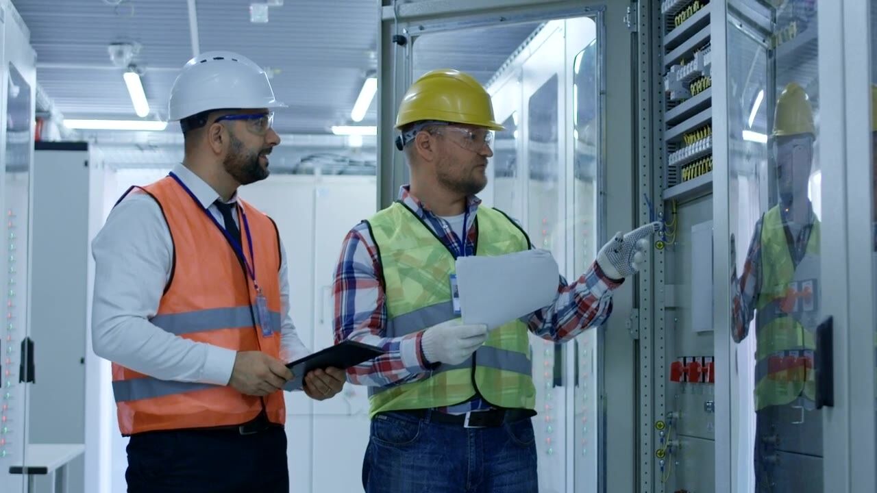 Engenheiros com EPI conferem um quadro elétrico