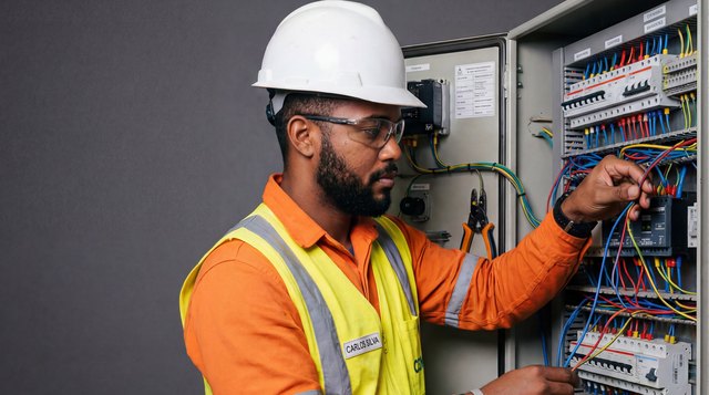 Técnico trabalha em um quadro elétrico industrial