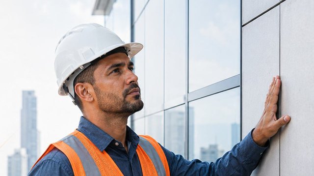 Engenheiro com capacete inspecionando a fachada de um edifício