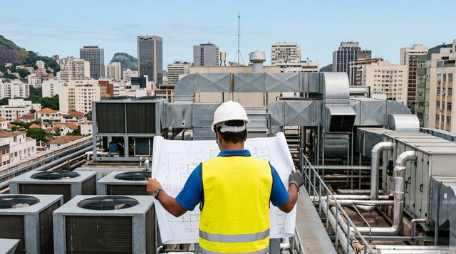 Engenheiro com capacete e colete analisando o projeto sobre a cobertura técnica de um edifício
